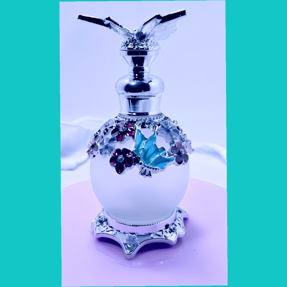 Silver and Aqua Blue Butterfly Perfume Bottle